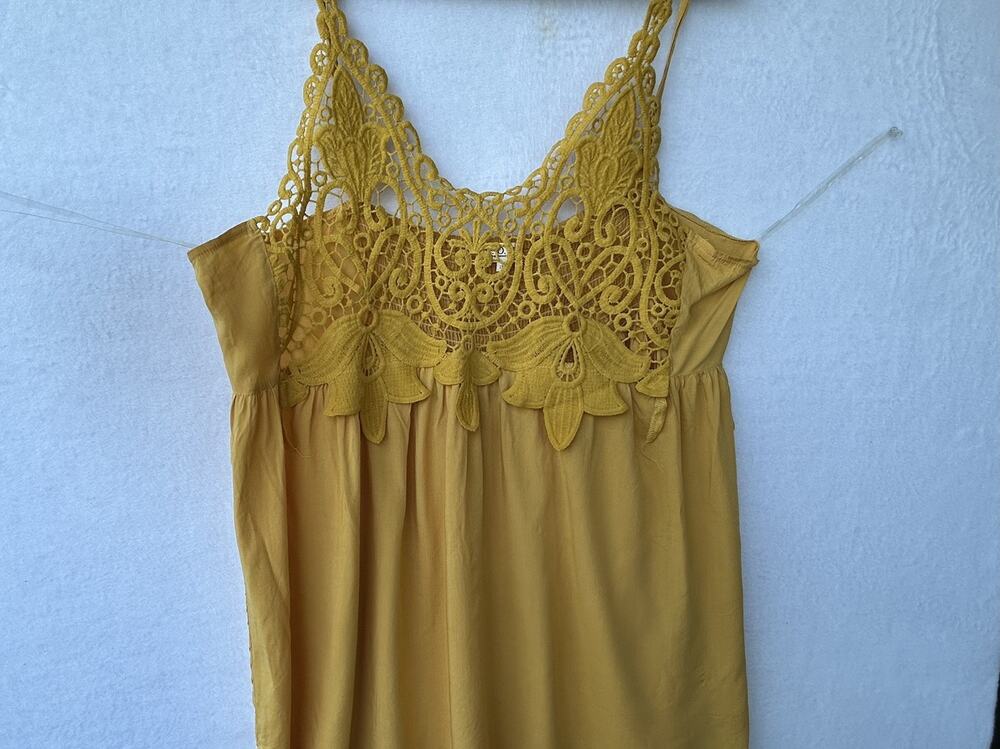 C.O.C. Yellow Rayon Lace Trim Smocked Adjustable Spaghetti Strap Cami 2XL
